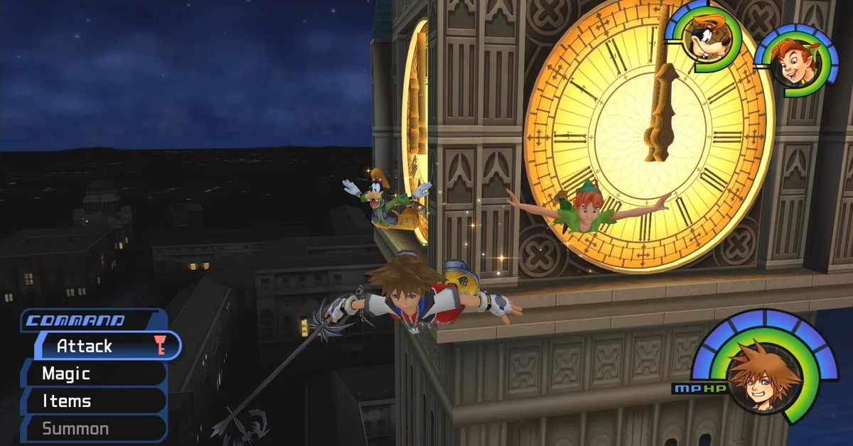 Sora flying beside Peter Pan and Goofy in front of Big Ben's lit clock face at night in Kingdom Hearts Final Mix