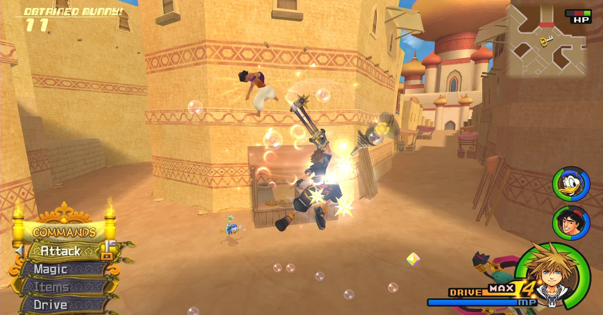 Sora dashing through the sandy streets of Agrabah as Aladdin leaps overhead in Kingdom Hearts II Final Mix