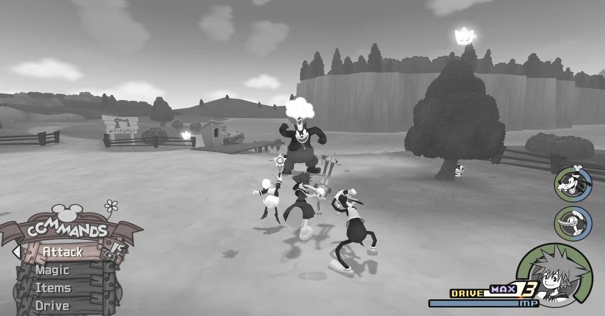 Sora fighting Pete alongside Donald and Goofy in the black and white Timeless River world in Kingdom Hearts II Final Mix