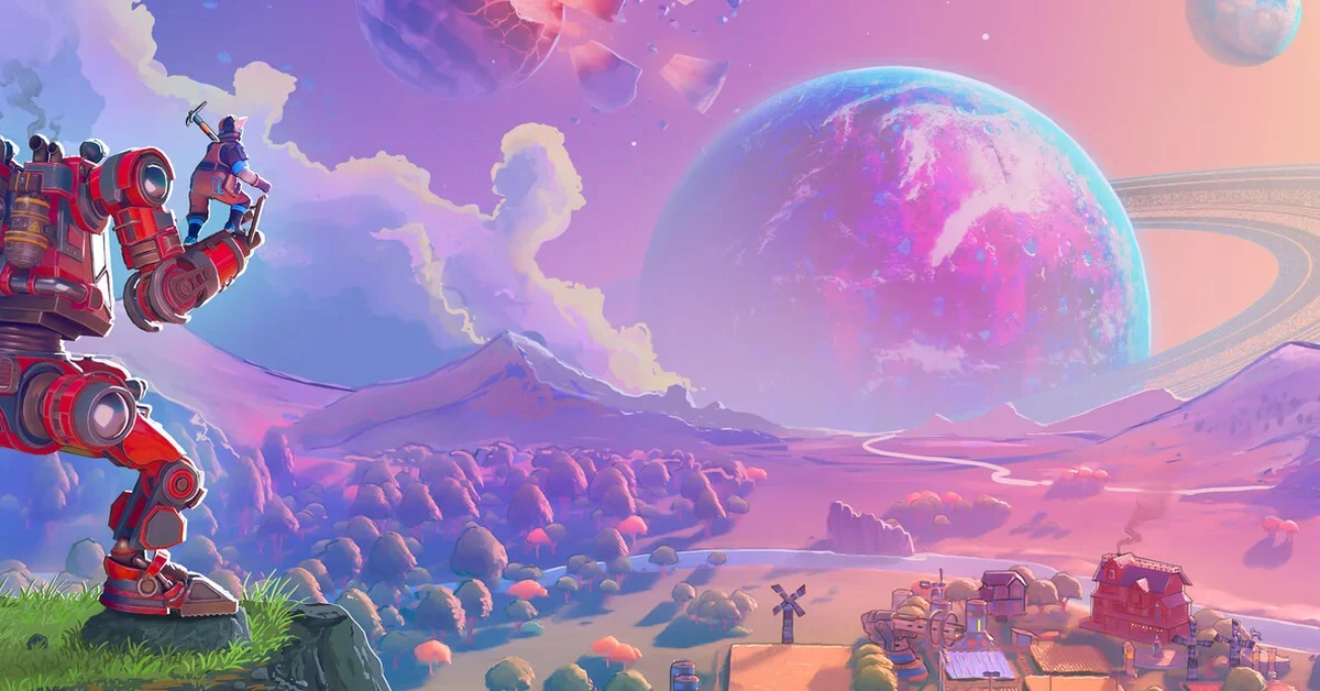 A farming mech in a colorful alien landscape in Lightyear Frontier key art