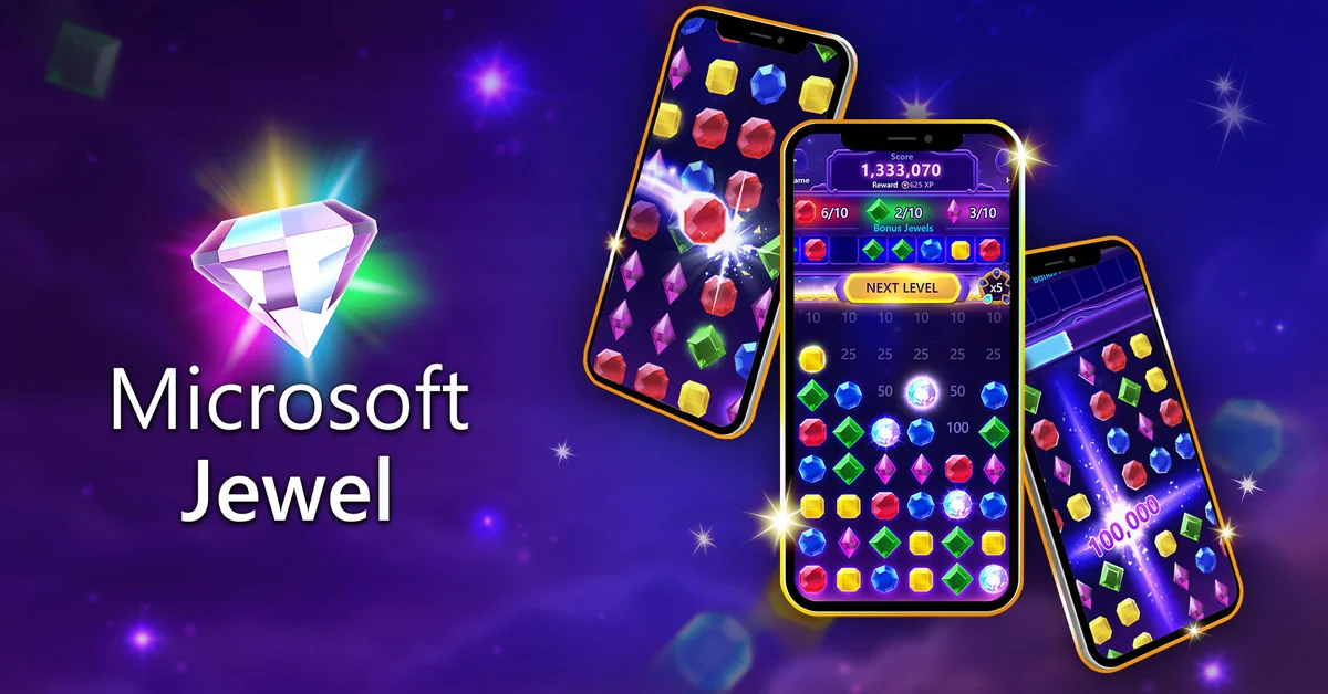 Microsoft Jewel's Match-3 boards on three phones in official Xbox art