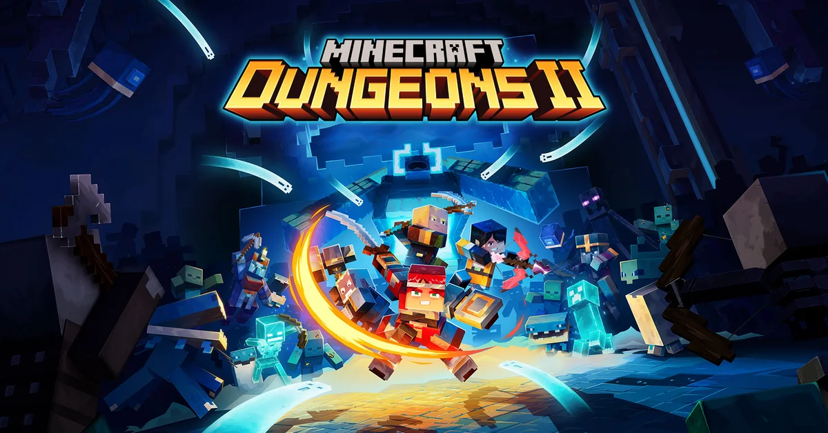 Minecraft Dungeons II official key art showing a party of heroes charging through a crowd of mobs