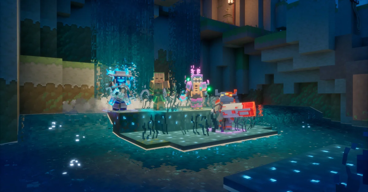 Four Minecraft Dungeons II heroes in different outfits standing on a glowing platform in a cave pool below a waterfall