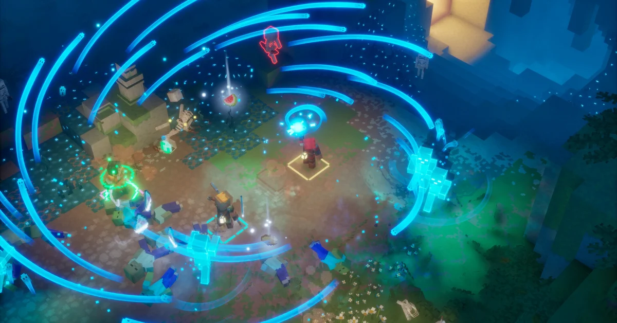 A Minecraft Dungeons II hero surrounded by swirling blue soul energy while fighting zombies and skeletons in a forest clearing