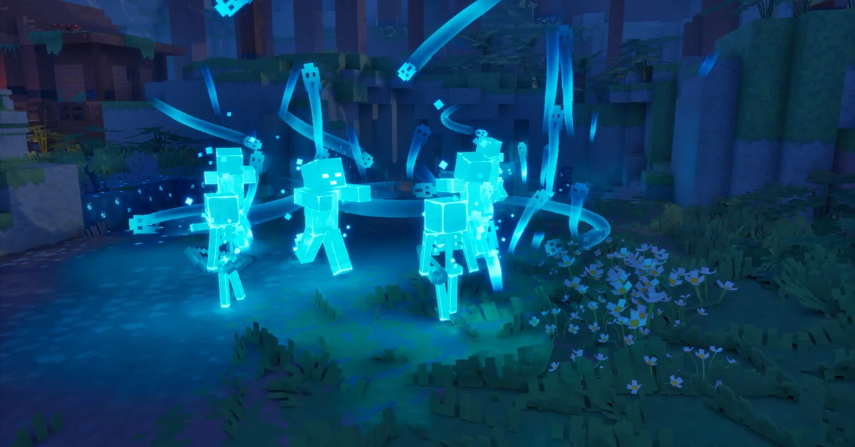 Glowing blue soul-charged skeletons rising in a moonlit forest clearing in Minecraft Dungeons II