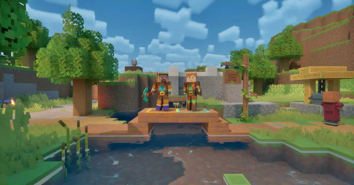 Two Minecraft Dungeons II heroes standing on a wooden bridge over a stream in a leafy village, with a villager nearby