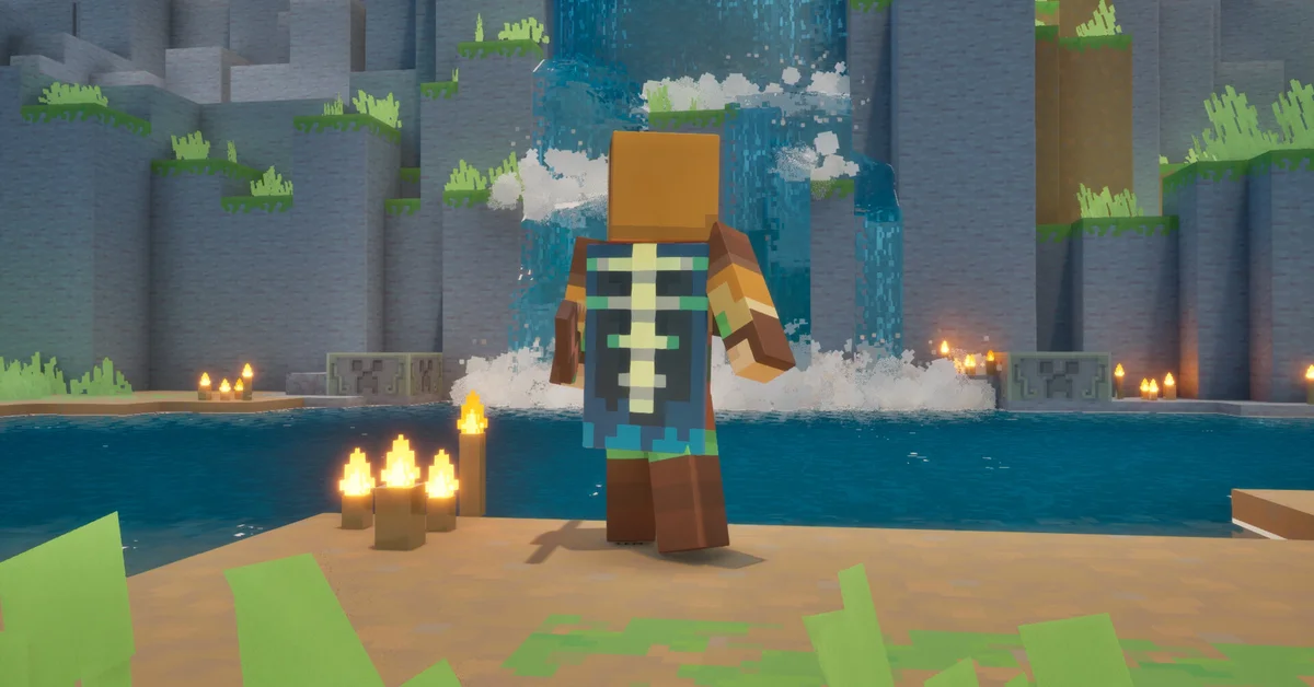 A Minecraft Dungeons II hero seen from behind wearing a skeleton-pattern cape, facing a waterfall and candlelit shore