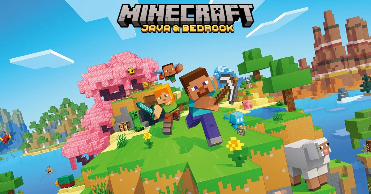 Steve swings a pickaxe beside Alex, a creeper and an allay under the Minecraft Java and Bedrock logo, with a cherry blossom tree and badlands behind them