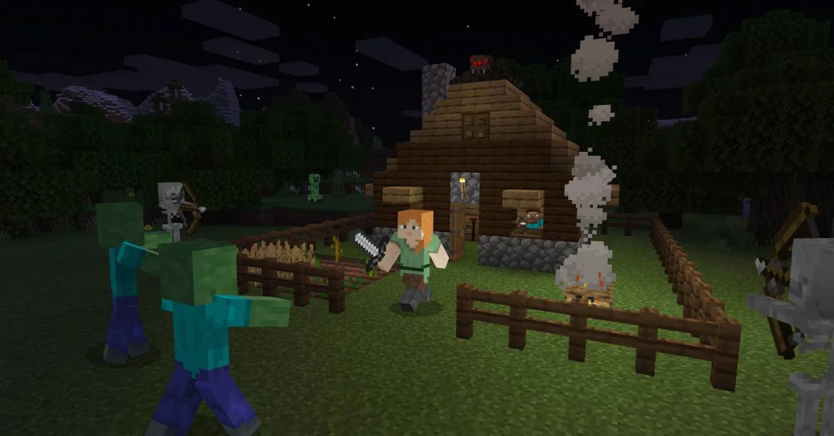 A player with a sword faces zombies and skeletons approaching a wooden farmhouse with a fenced wheat field at night in Minecraft