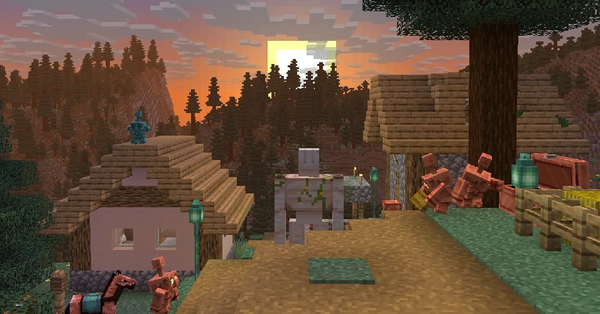 A Minecraft village at sunset with copper golems and copper blocks
