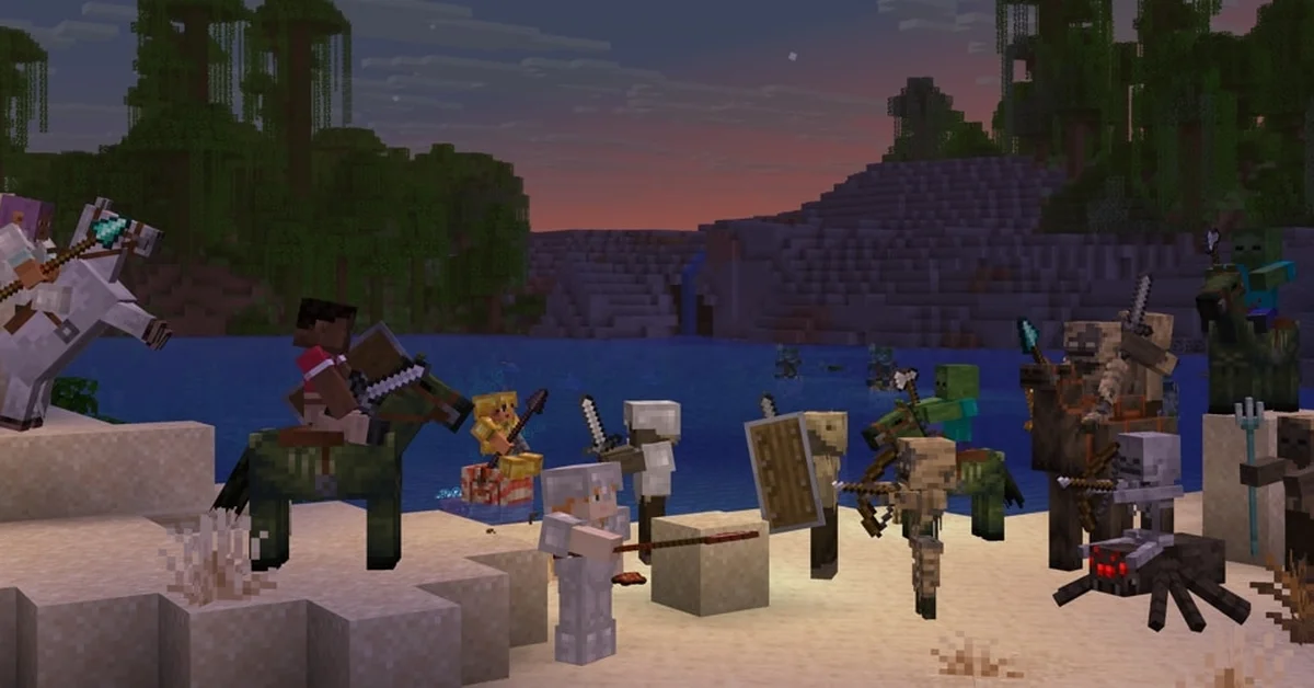 Mobs riding mounts beside the water at dusk in official Minecraft update art