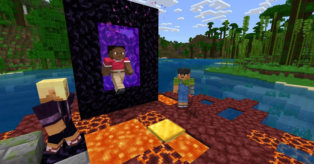 A player steps out of a lit obsidian Nether portal while two others watch, with netherrack, magma blocks and lava spread across the ground beside a lake in Minecraft