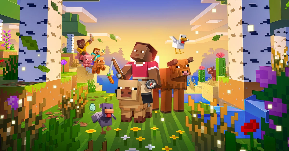 Players ride pigs past cows and chickens through a sunlit birch forest full of flowers in Minecraft key art
