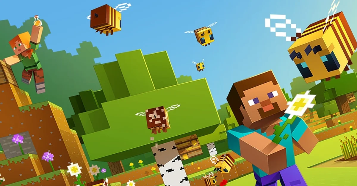 Steve and Alex surrounded by bees and flowers in official Minecraft bee art