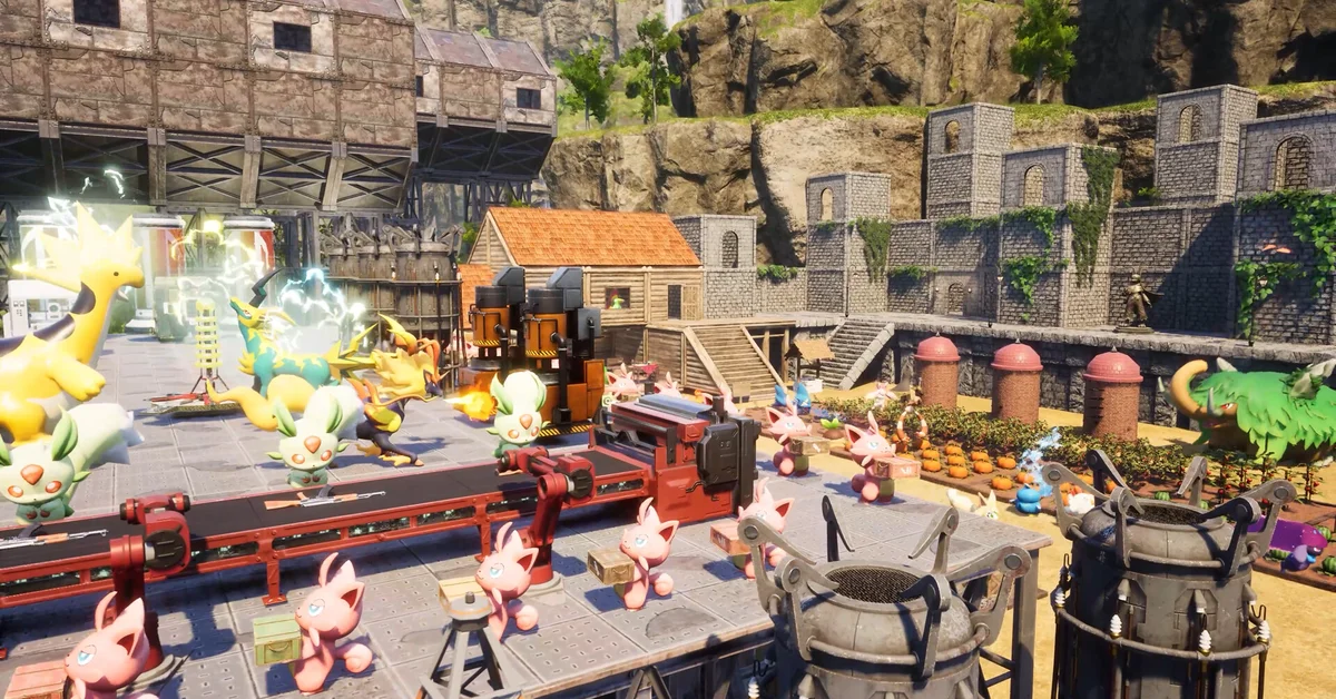 Pals working a conveyor assembly line at a Palworld base, with stone walls, crop fields and a wooden house behind them