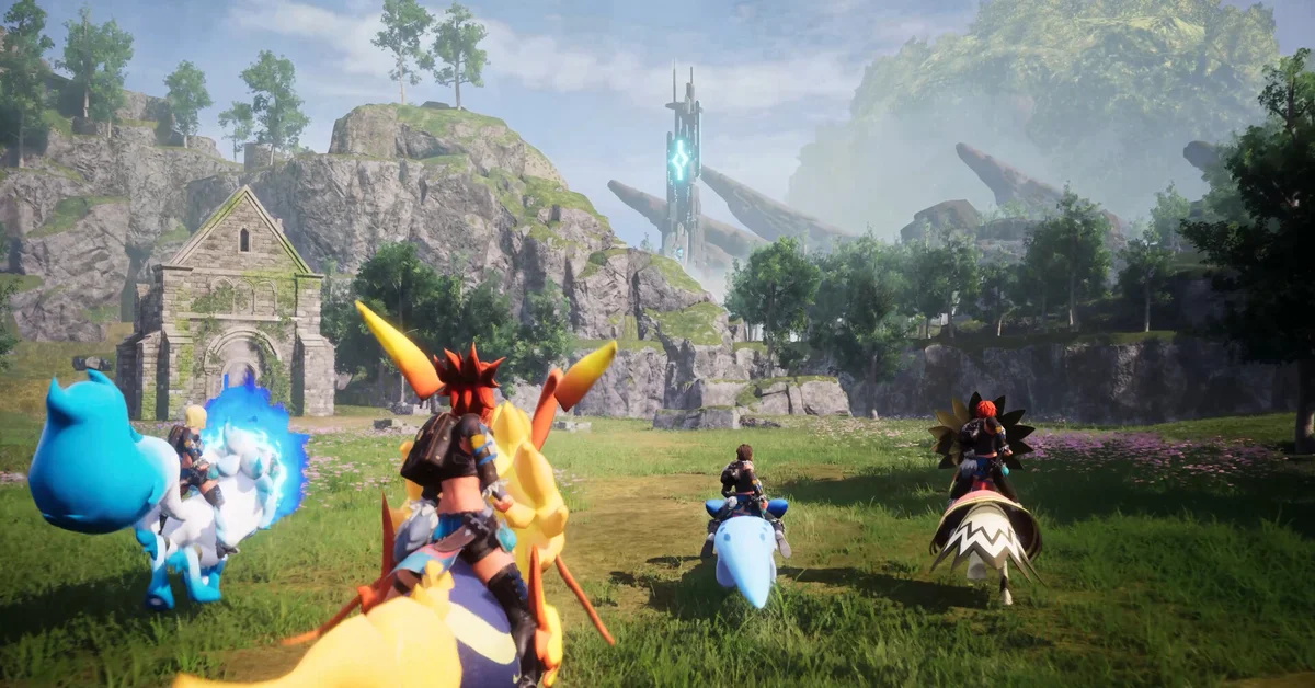 Four players riding Pals across a grassy field toward a stone ruin and a glowing ancient tower in Palworld