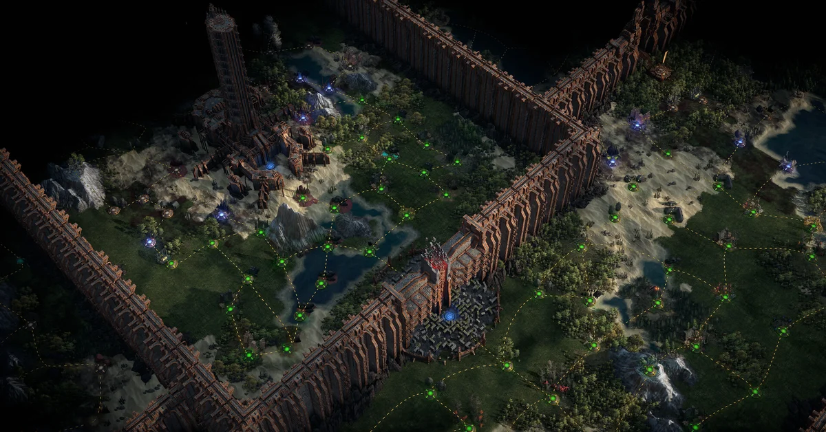 Path of Exile 2's endgame Atlas map, a walled landscape dotted with glowing green map nodes