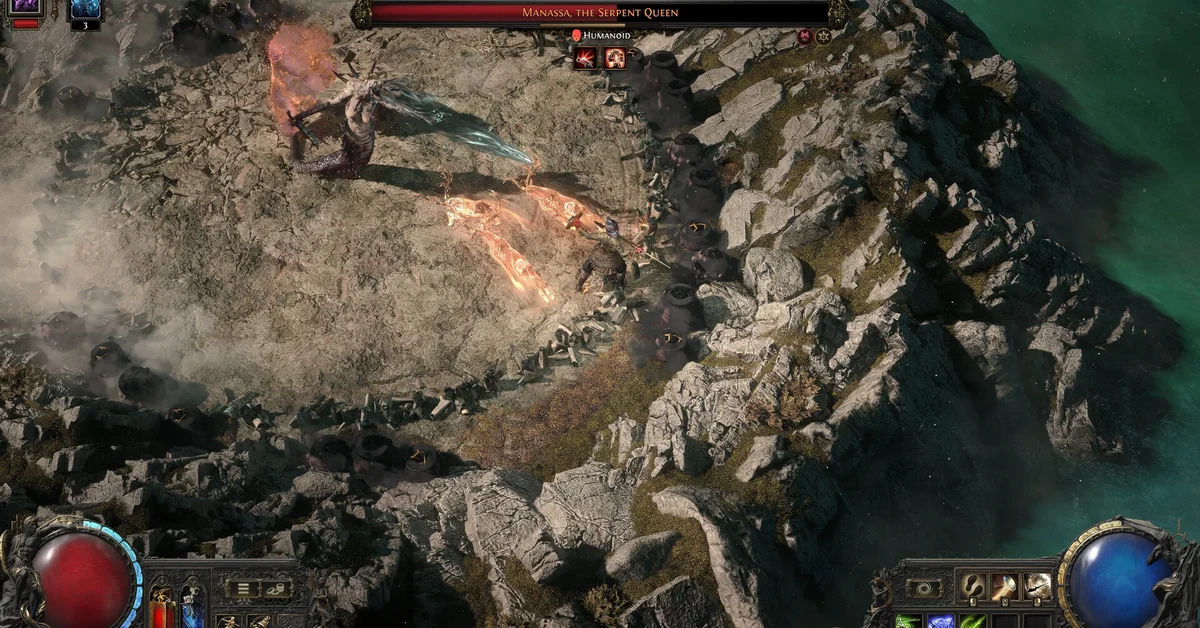 A Path of Exile 2 character fighting Manassa, the Serpent Queen on a rocky seaside cliff