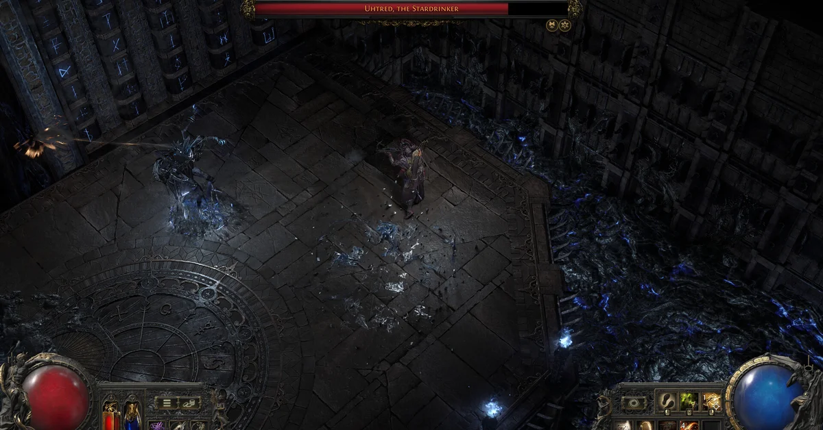 A Path of Exile 2 character facing Uthred, the Stardrinker in a dark stone chamber lit by blue crystals