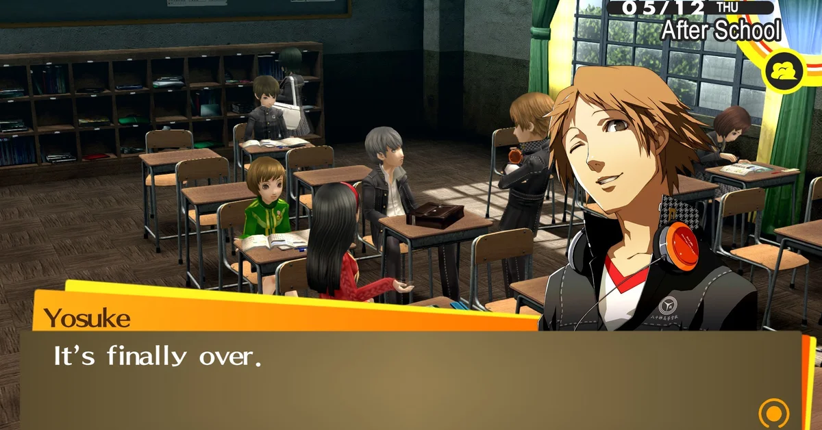 Yosuke winking at the camera in a Yasogami High classroom after school in Persona 4 Golden
