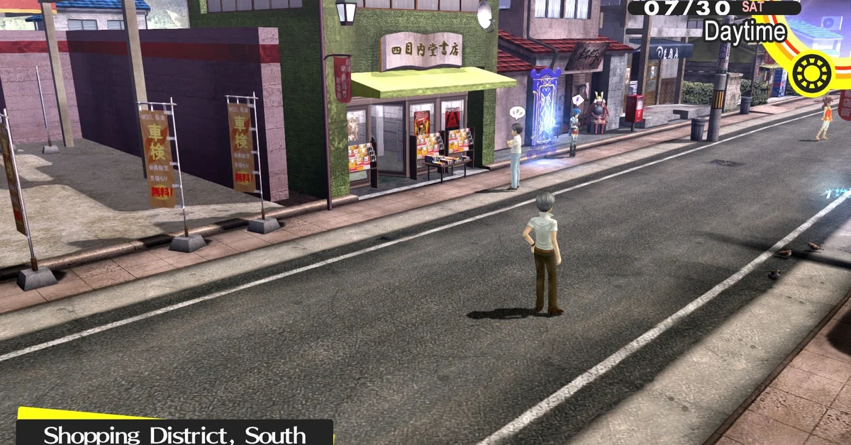The protagonist standing in Shopping District South on a sunny Saturday in Persona 4 Golden