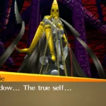 Shadow Chie towering over the arena with a dialogue box reading I am a shadow in Persona 4 Golden
