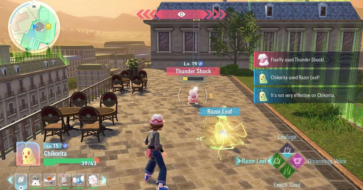 Chikorita using Razor Leaf against a Flaaffy in a real-time battle on a Lumiose City rooftop in Pokemon Legends Z-A