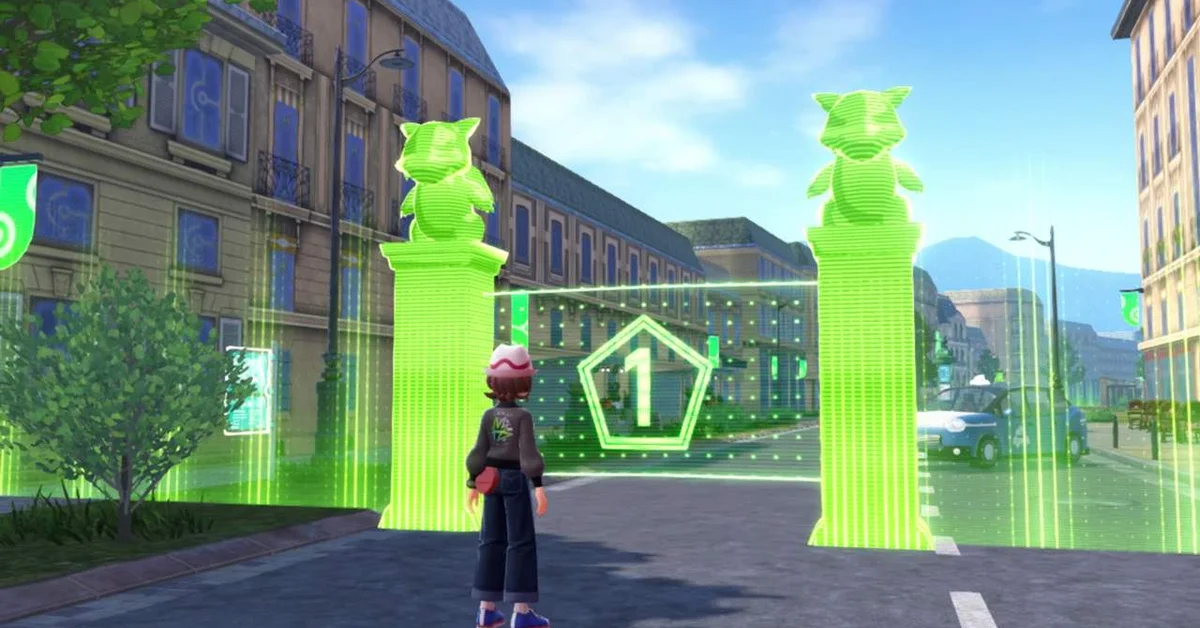 The player standing in front of a glowing green Wild Zone gate marked with the number 1 in Pokemon Legends Z-A