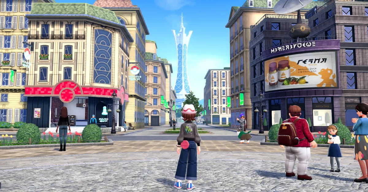 The player standing in a Lumiose City plaza beside a Pokemon Center with Prism Tower in the distance in Pokemon Legends Z-A