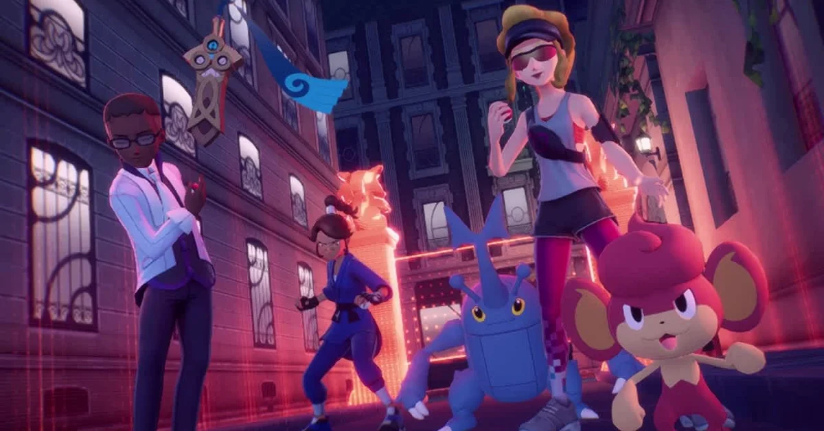 Three trainers with Honedge, Heracross and Pansear lined up in front of a glowing red Battle Zone barrier at night in Pokemon Legends Z-A