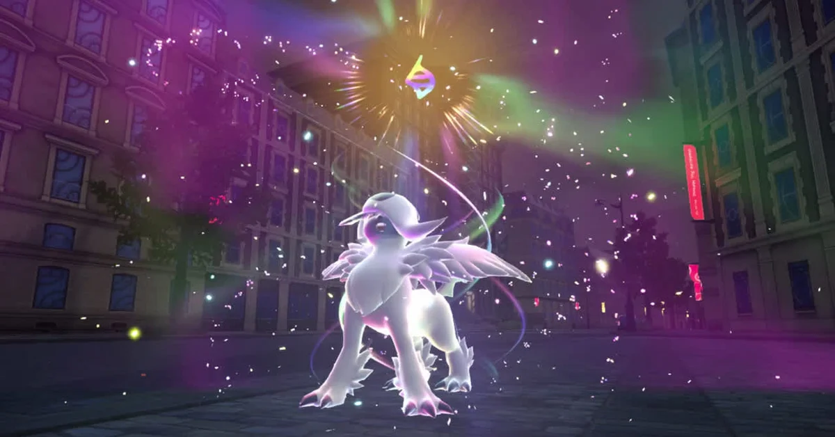 Absol glowing white as it Mega Evolves beneath the Mega Evolution symbol on a Lumiose City street at night in Pokemon Legends Z-A