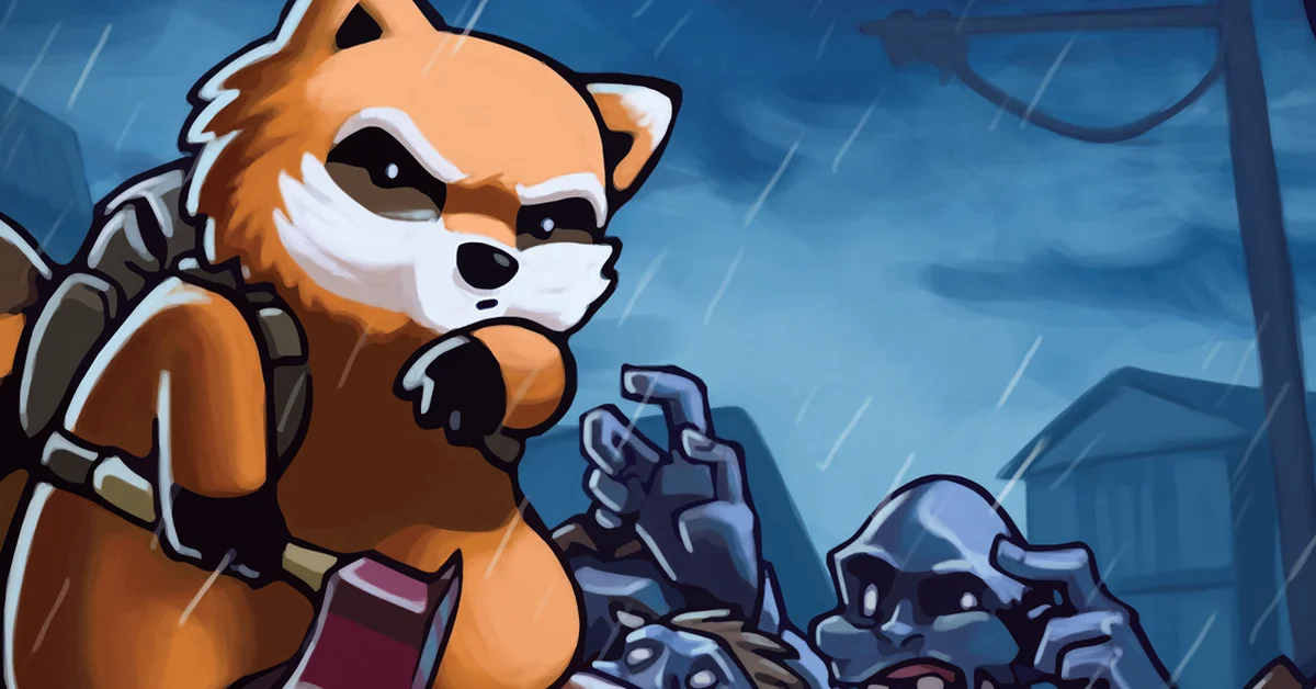 Official Project Zomboid artwork of Spiffo the raccoon facing a group of zombies in the rain