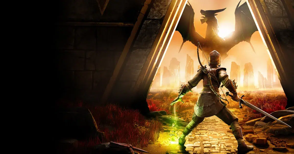 RuneScape Dragonwilds key art showing a dragon over Ashenfall