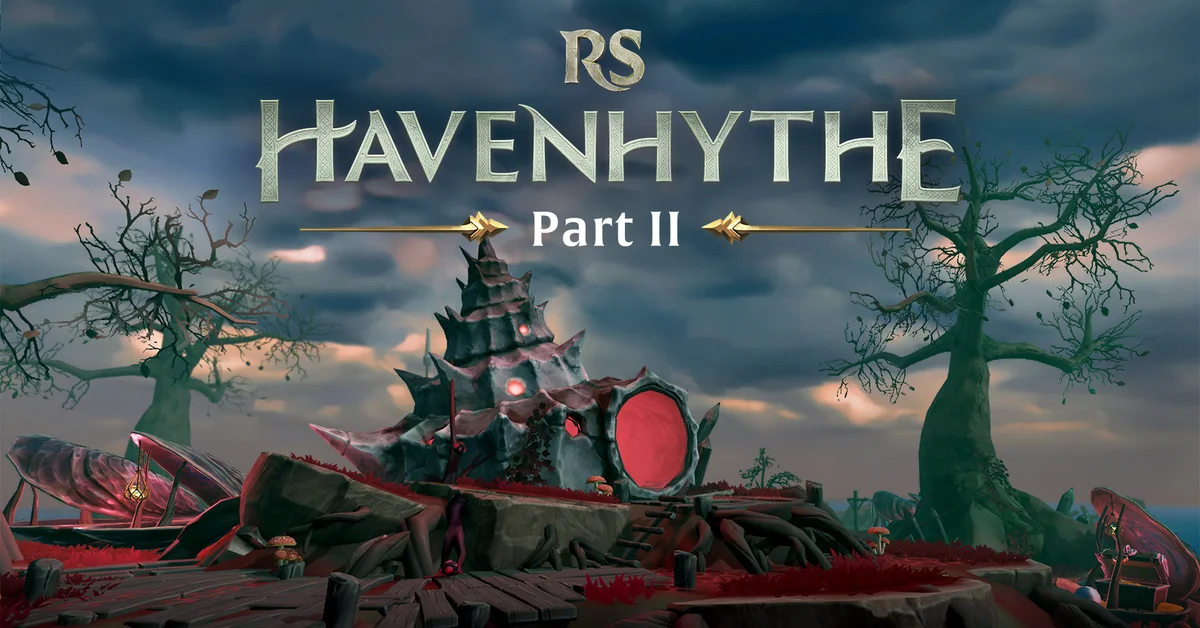 Official RuneScape Havenhythe Part II key art showing a spiked shell dwelling with a red portal on a misty bog shore