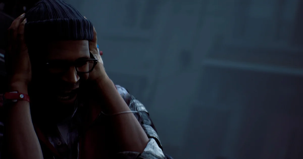 Simon clutching his head with both hands in Silent Hill Townfall