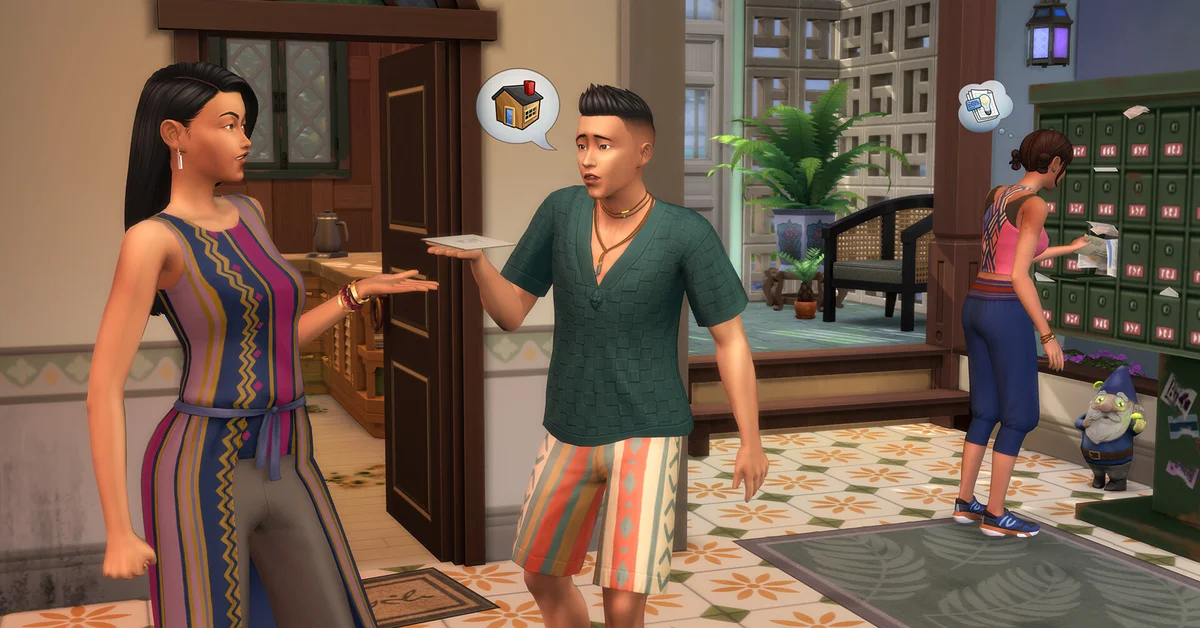 A Sim greeting a neighbor at the front door of a colorful home in The Sims 4