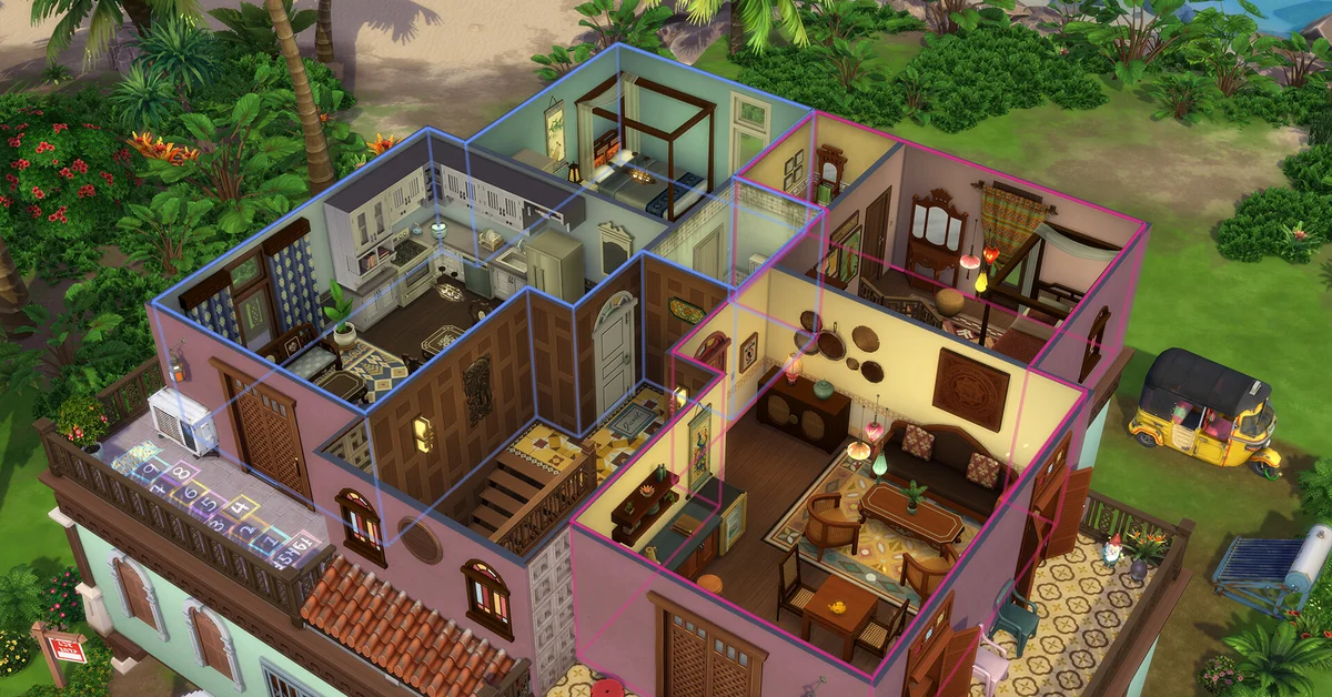 Cutaway view of a two-story Sims 4 house showing its furnished rooms