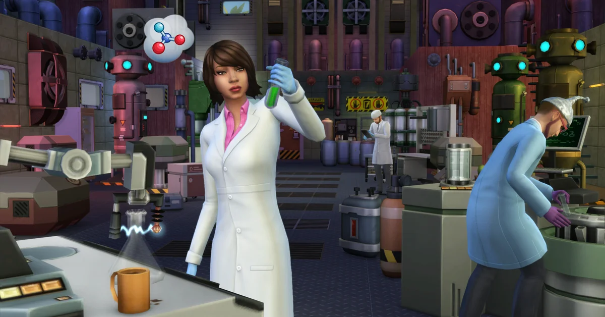 Scientist Sims in lab coats working in a laboratory in The Sims 4 Get to Work