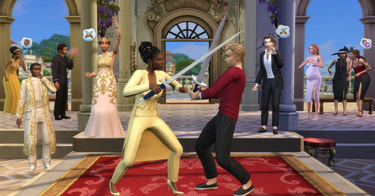 Two Sims fencing in a palace courtyard in The Sims 4 Royalty and Legacy