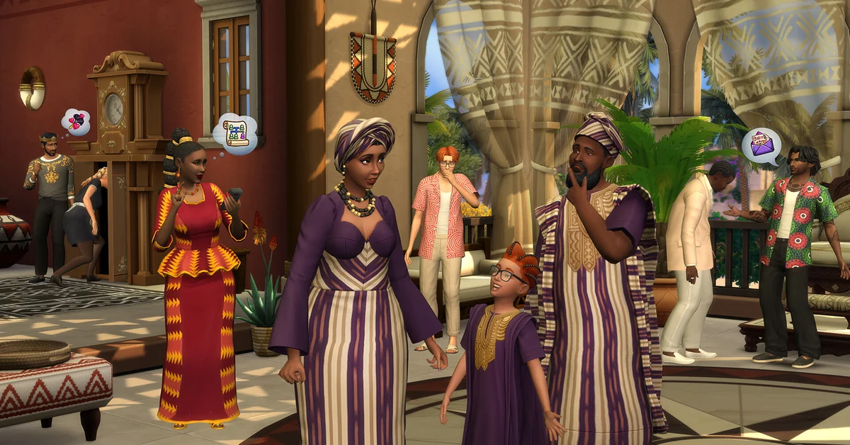 A noble family in ornate robes at a gathering in The Sims 4 Royalty and Legacy