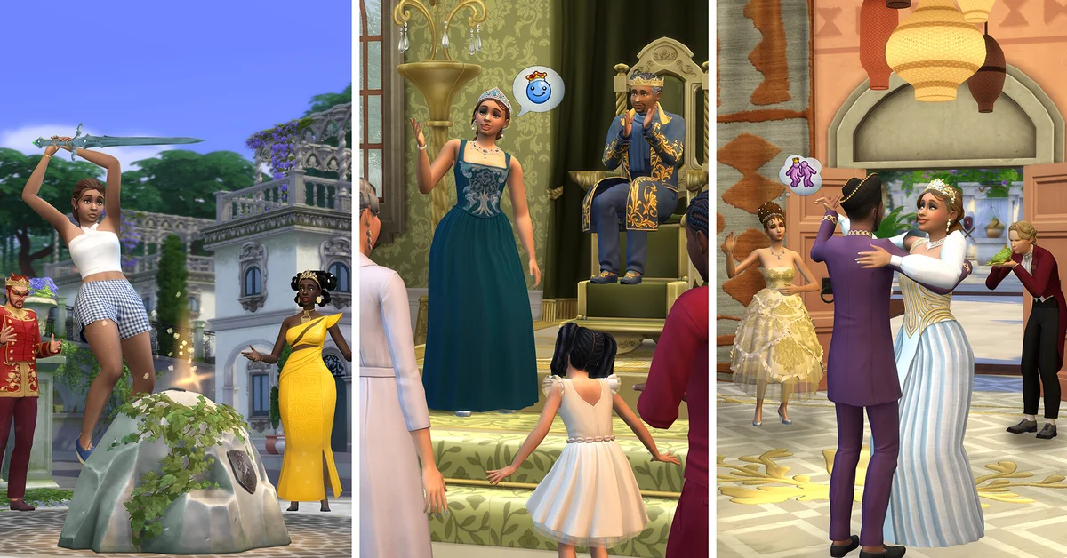 Royal Sims at a sword stone, a throne room and a ballroom in The Sims 4 Royalty and Legacy