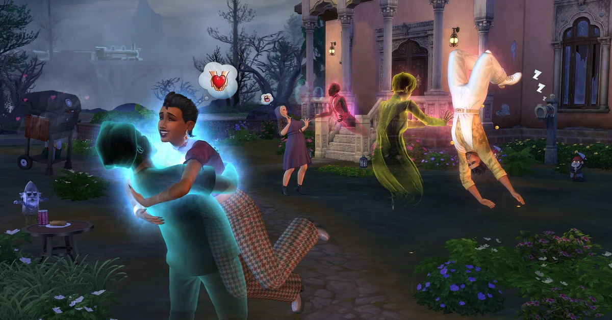 A glowing ghost Sim embracing a living Sim in a graveyard in The Sims 4 Life and Death