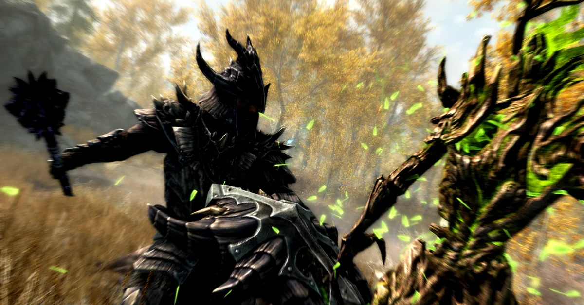 A warrior in spiked black armor wielding a spiked mace against a tree-like creature amid swirling green leaves in an autumn forest in Skyrim