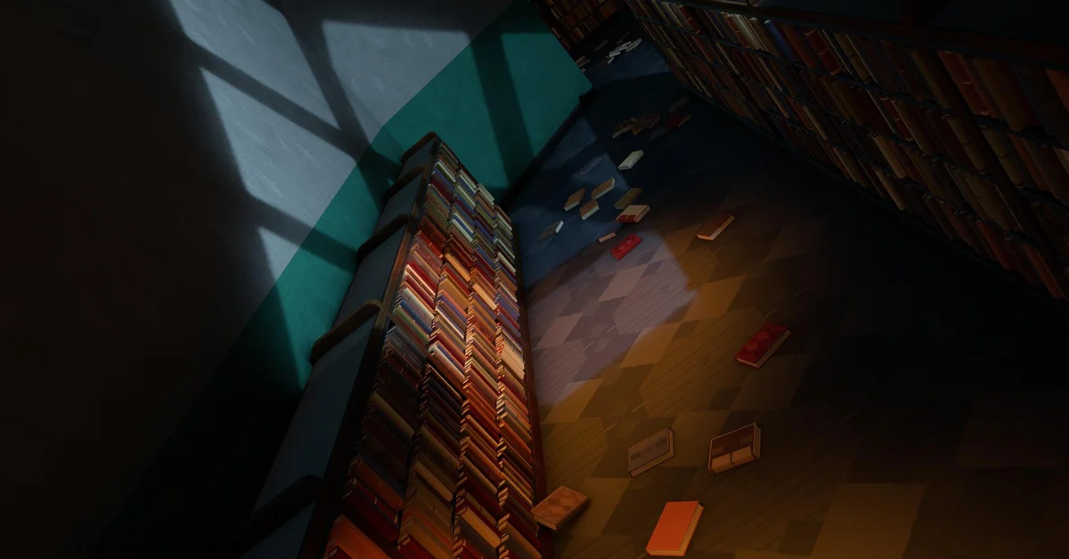 Books scattered across a dark library floor in an official Something is Wrong with the Library screenshot