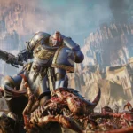 An Ultramarine swings a chainsword through a horde of Tyranids in Warhammer 40,000 Space Marine 2