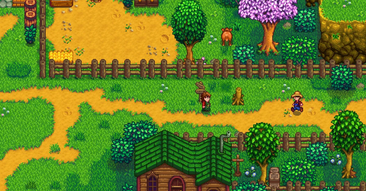Farmer in a straw hat walking a dirt path past a fenced pasture, a cow, a blossoming pink tree and a green-roofed cottage in Stardew Valley