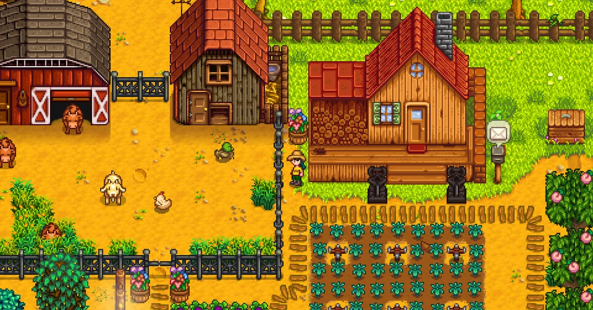 A farmer in a straw hat stands beside a wooden farmhouse with a red roof, next to a fenced yard of cows, a pig and a chicken, above rows of young crops in Stardew Valley