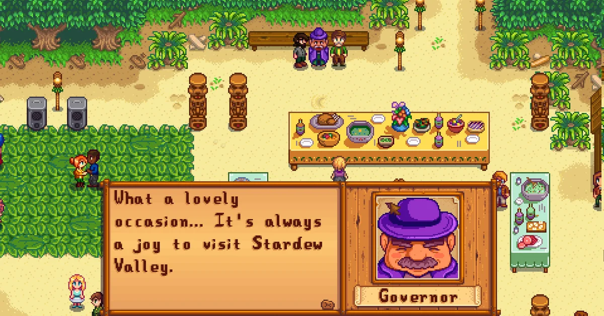 The Governor speaks at the Luau on the beach in Stardew Valley, with villagers gathered by tiki statues, torches and a long table of dishes