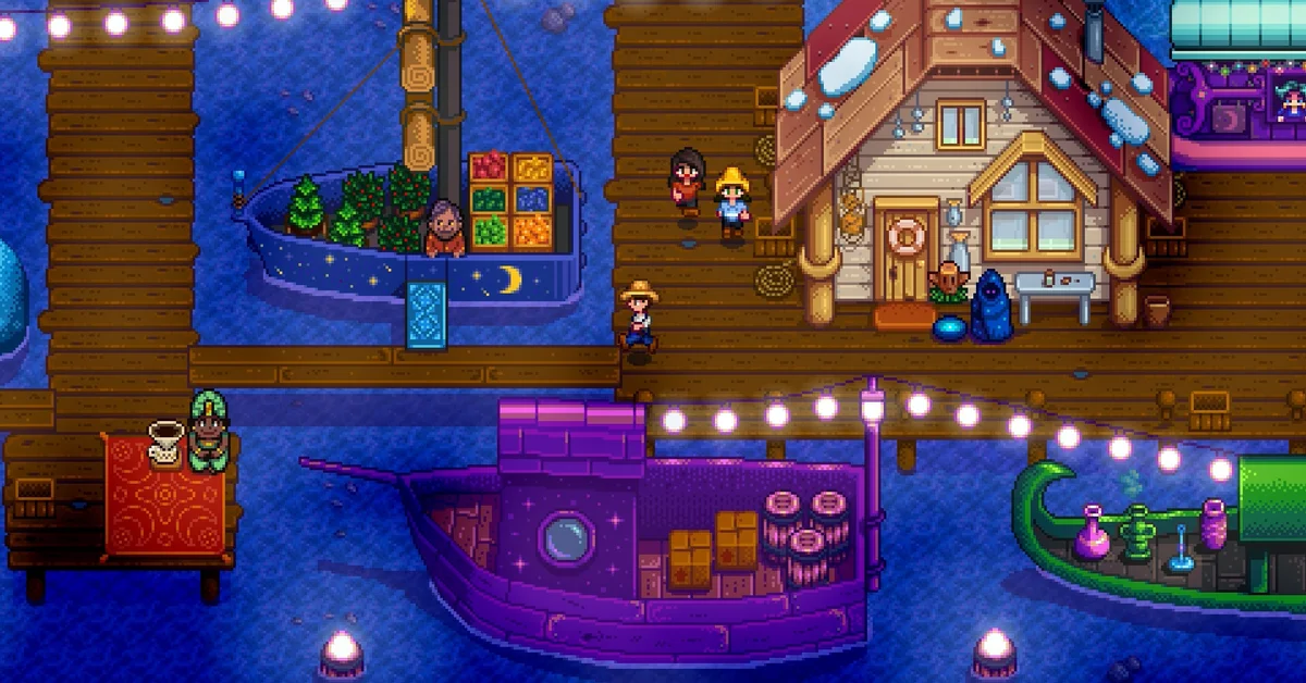 The Night Market on the docks in Stardew Valley at night, with merchant boats, string lights and villagers walking the boardwalk
