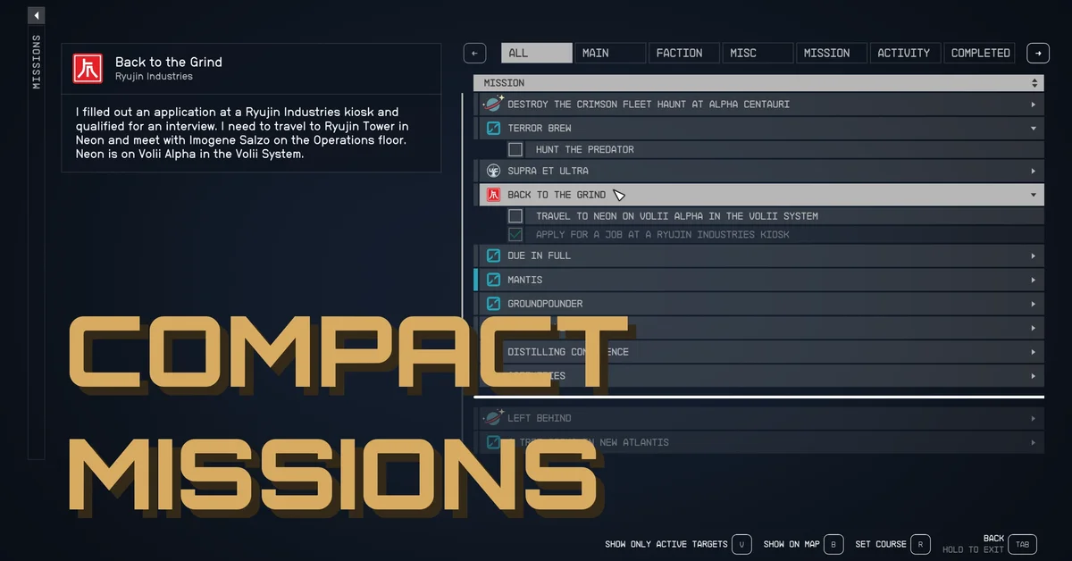 Compact Mission Menu mod for Starfield by Stentorious